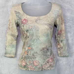 Vtg y2k Xcit USA Floral Paisley Rhinestone Top Womens sz S P Fairy Grunge Indie